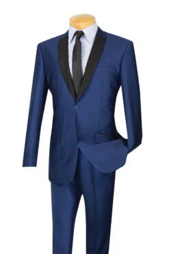Front Page 9 Slim Fit Shiny Sharkskin Men's 2 Piece Suit In Navy