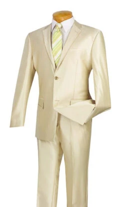 Slim Fit Men's Suit 2 Piece 2 Buttons Shiny Sharkskin In Champagne Beige