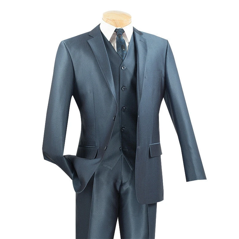 Slim Fit Men's Suit With Vest 3 Piece 2 Buttons In Blue 3 Slim Fit Men's Suit With Vest 3 Piece 2 Buttons In Blue