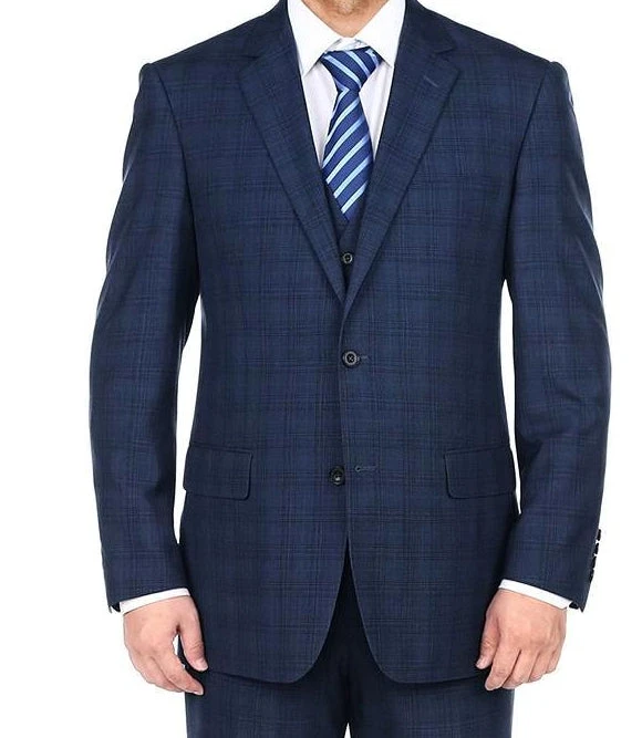 San Gemini Collection - 3 Piece Suit 2 Buttons Blue Glen Plaid Regular Fit 3 San Gemini Collection - 3 Piece Suit 2 Buttons Blue Glen Plaid Regular Fit