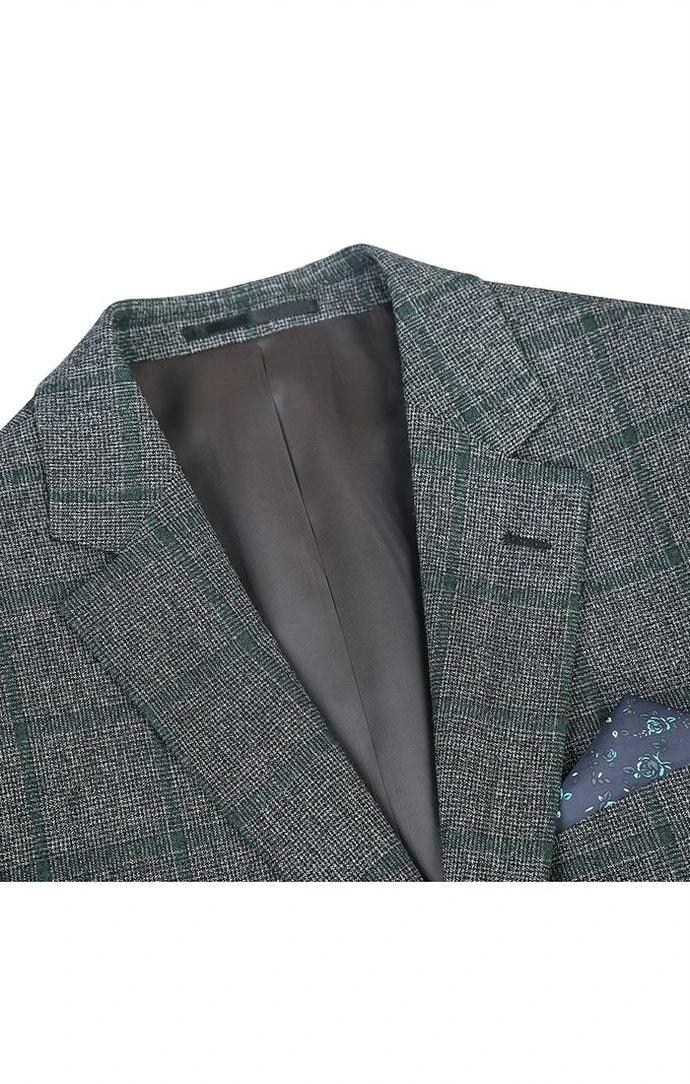 (42R, 44L) Wool Blend Plaid Pattern Regular Fit 2 Button Blazer In Grayish Brown 4 (42R, 44L) Wool Blend Plaid Pattern Regular Fit 2 Button Blazer In Grayish Brown - Image 2