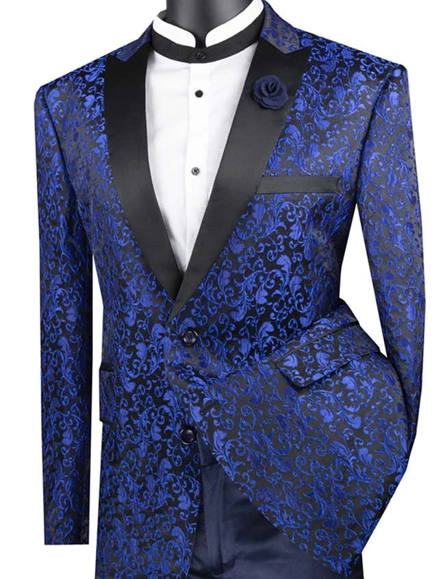 Blue Regular Fit Floral Pattern Jacket Peak Lapel 3 Blue Regular Fit Floral Pattern Jacket Peak Lapel