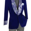 Blue Regular Fit Velvet Jacket With Wide Shawl Lapel And Cuffs 1 Blue Regular Fit Velvet Jacket With Wide Shawl Lapel And Cuffs -Suit Gold Style Shop BF 5 BLUE