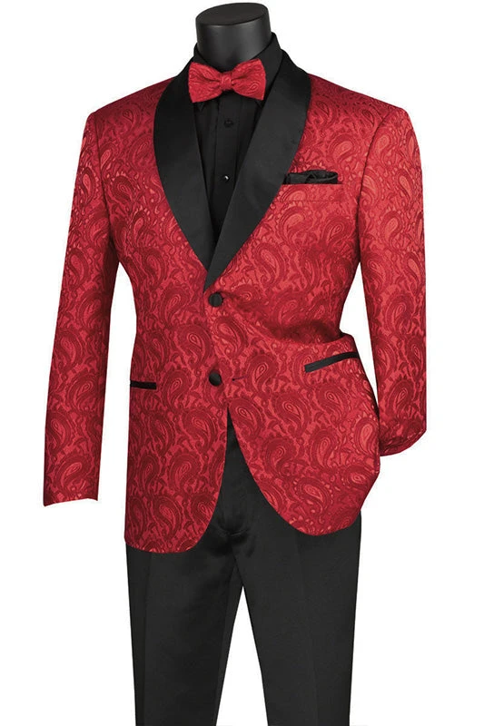 Red Modern Fit Paisley Pattern Jacquard Fabric Jacket With Bow Tie 3 Red Modern Fit Paisley Pattern Jacquard Fabric Jacket With Bow Tie