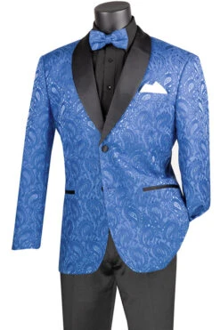 Royal Blue Modern Fit Paisley Pattern Jacquard Fabric Jacket With Bow Tie