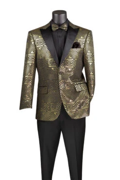Gold Modern Fit Jacquard Jacket With Matching Bow Tie Metallic Design
