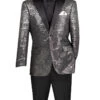 Silver Modern Fit Jacquard Jacket With Matching Bow Tie Metallic Design 1 Silver Modern Fit Jacquard Jacket With Matching Bow Tie Metallic Design -Suit Gold Style Shop BM 4 SILVER