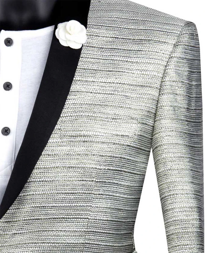(3XL) Silver Metallic Stripe Slim Fit Jacket 2 Button Shawl Lapel 4 (3XL) Silver Metallic Stripe Slim Fit Jacket 2 Button Shawl Lapel - Image 2