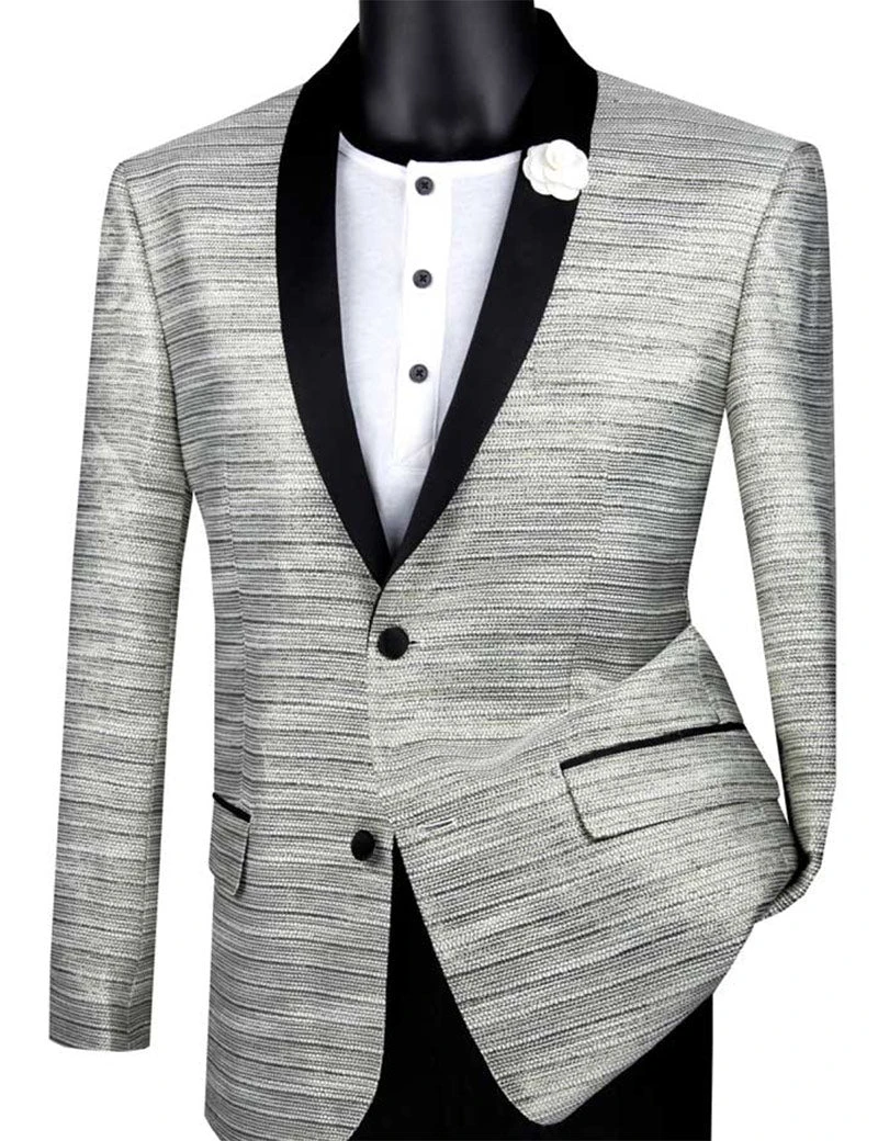 (3XL) Silver Metallic Stripe Slim Fit Jacket 2 Button Shawl Lapel 3 (3XL) Silver Metallic Stripe Slim Fit Jacket 2 Button Shawl Lapel