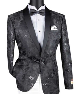 Black Embroidery Slim Fit Jacket Shawl Lapel With Bow Tie