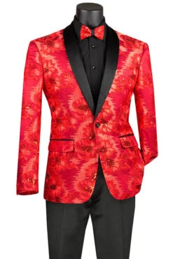 Red Embroidery Slim Fit Jacket Shawl Lapel With Bow Tie
