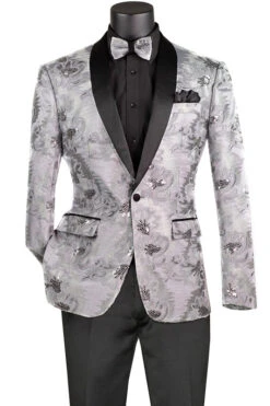 Silver Embroidery Slim Fit Jacket Shawl Lapel With Bow Tie
