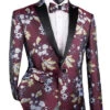 (3XL) Burgundy Slim Fit Blazer Floral Print 1 Button With Peak Lapel