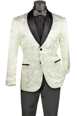 (M, 4XL) Ivory Slim Fit Jacket Silky Jacquard Fabric With Bow Tie