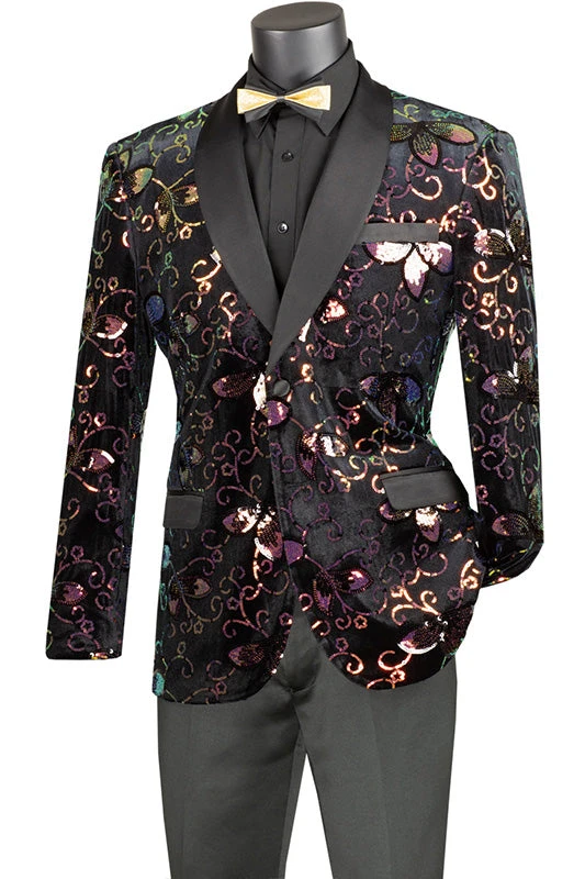 Black Slim Fit Velvet Sequin Floral Pattern Jacket 3 Black Slim Fit Velvet Sequin Floral Pattern Jacket