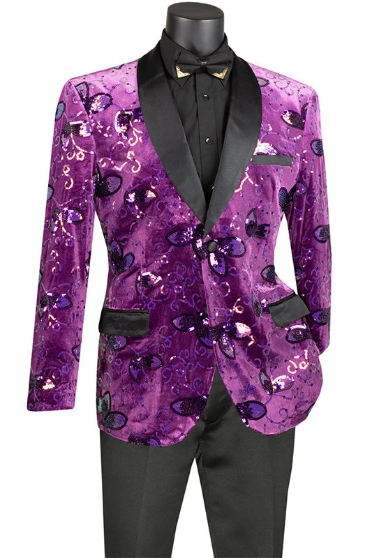 (XL, 2XL) Purple Slim Fit Velvet Sequin Floral Pattern Jacket 3 (XL, 2XL) Purple Slim Fit Velvet Sequin Floral Pattern Jacket