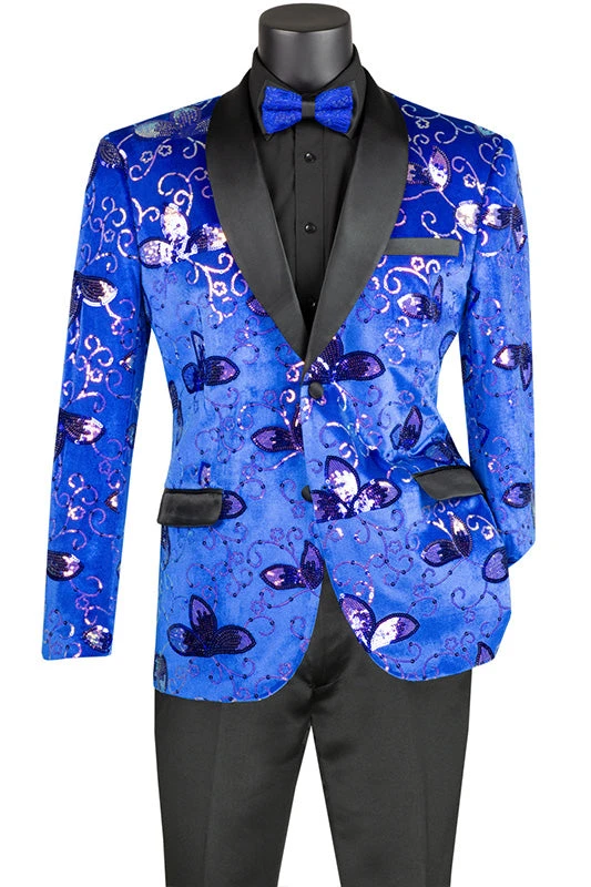 Royal Blue Slim Fit Velvet Sequin Floral Pattern Jacket 3 Royal Blue Slim Fit Velvet Sequin Floral Pattern Jacket
