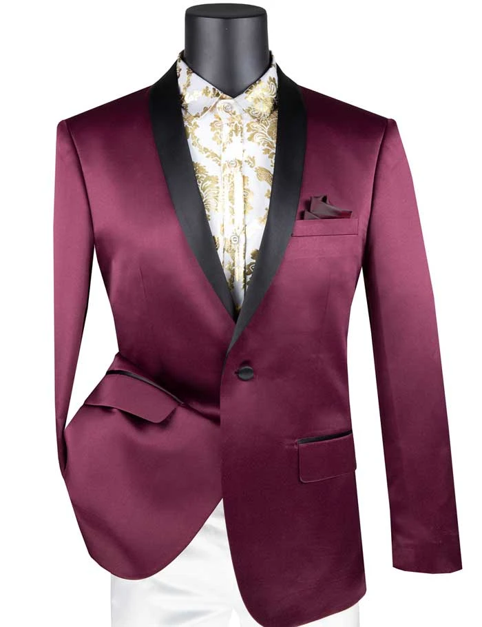 Wine Slim Fit Blazer Stretch Sateen 1 Button With Narrow Shawl Lapel 2 Wine Slim Fit Blazer Stretch Sateen 1 Button With Narrow Shawl Lapel