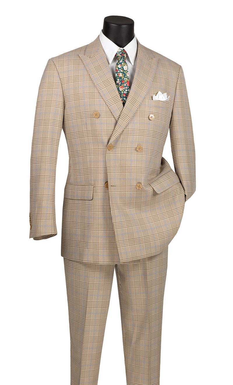 Alexander Collection - Beige Double Breasted 2 Piece Suit Regular Fit Tone On Tone Windowpane 3 Alexander Collection - Beige Double Breasted 2 Piece Suit Regular Fit Tone On Tone Windowpane