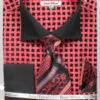 French Cuff Checker Pattern Cotton Shirt In Black/Coral With Tie, Cuff Links And Pocket Square -Suit Gold Style Shop DS3782P2 BK CORAL