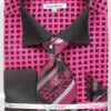 French Cuff Checker Pattern Cotton Shirt In Black/Fuchsia With Tie, Cuff Links And Handkerchief -Suit Gold Style Shop DS3782P2 BK FUSCHIA