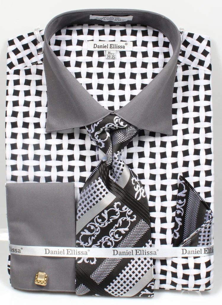 French Cuff Checker Pattern Cotton Shirt In Black/White With Tie, Cuff Links And Handkerchief 3 French Cuff Checker Pattern Cotton Shirt In Black/White With Tie, Cuff Links And Handkerchief