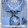 French Cuff Checker Pattern Cotton Shirt In Blue With Tie, Cuff Links And Handkerchief -Suit Gold Style Shop DS3782P2 BLUE