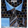French Cuff Circle Printed Cotton Shirt In Black/Blue With Tie, Cuff Links And Handkerchief -Suit Gold Style Shop DS3784P2 BLK BLUE