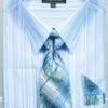 French Cuff Blue Striped Pattern Dress Shirt Set With Tie, Cuff Links And Handkerchief