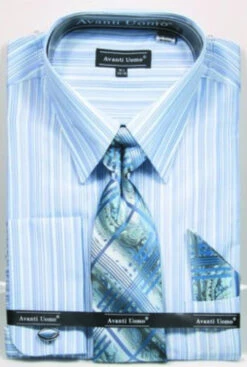 French Cuff Blue Striped Pattern Dress Shirt Set With Tie, Cuff Links And Handkerchief