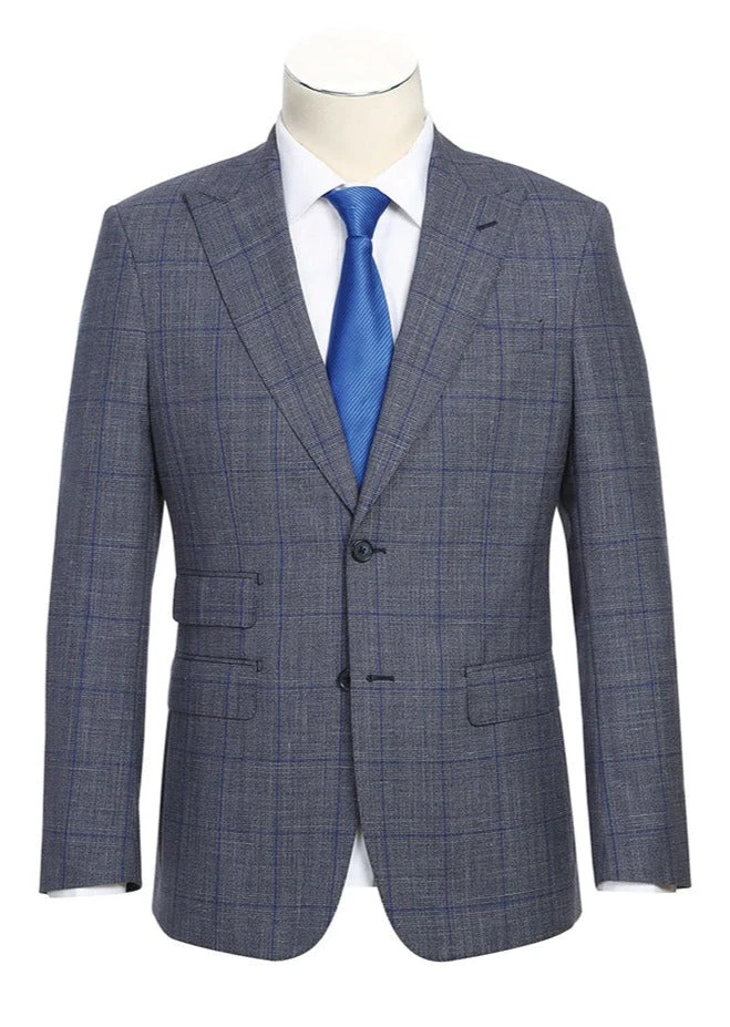 English Laundry 2-Piece Gray With Blue Windowpane Suit Wool Blend 3 English Laundry 2-Piece Gray With Blue Windowpane Suit Wool Blend