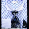 French Cuff Printed Two Tone Shirts In Blue With Tie, Cuff Links And Handkerchief -Suit Gold Style Shop FRV4126P2 BLUE