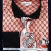 French Cuff Printed Two Tone Shirt In Coral With Tie, Cuff Links And Handkerchief -Suit Gold Style Shop FRV4126P2 CORAL