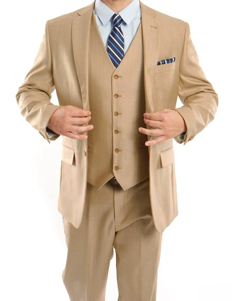 Light Beige 3 Piece Modern Fit Suit 2 Button V-Neck Vest 3 Light Beige 3 Piece Modern Fit Suit 2 Button V-Neck Vest