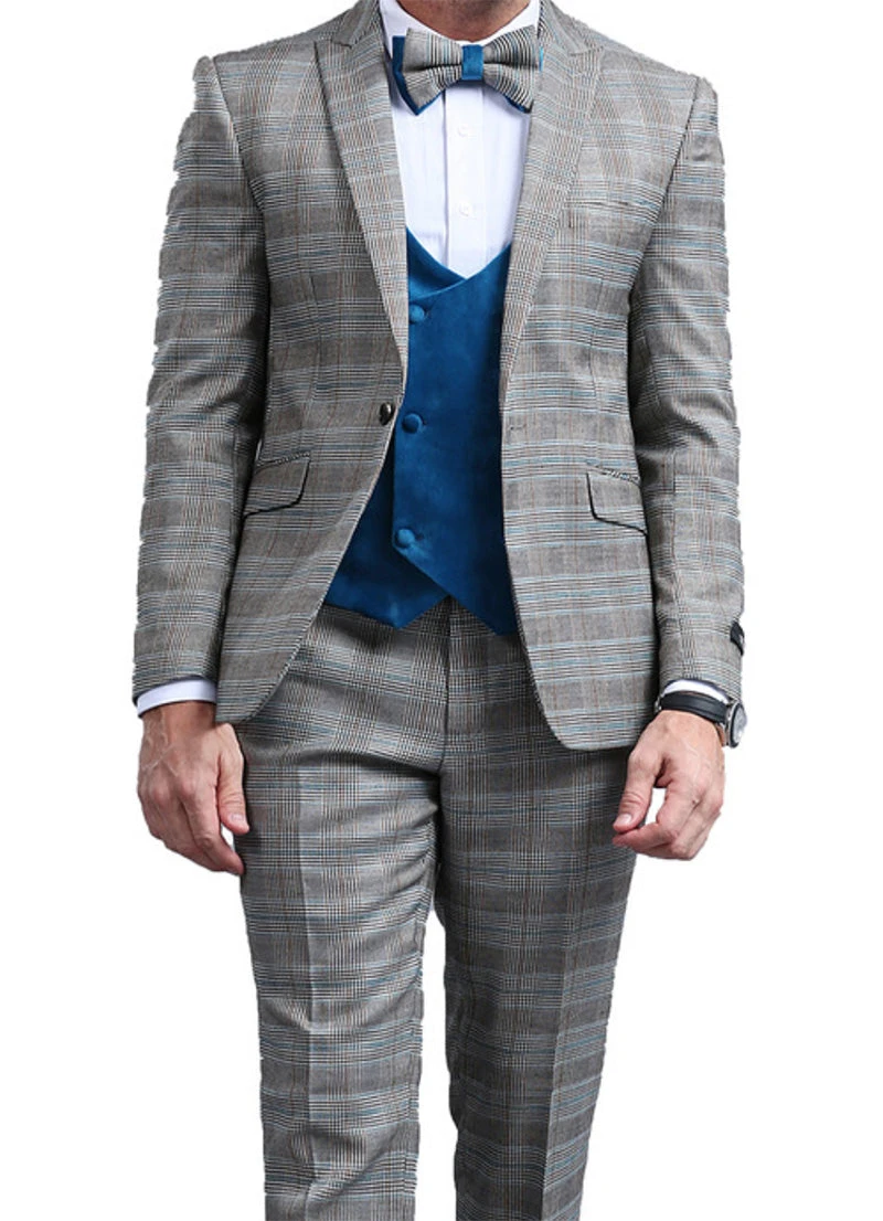 Turquoise Slim Fit Tuxedo 4 Piece Glen Plaid With Bow Tie 3 Turquoise Slim Fit Tuxedo 4 Piece Glen Plaid With Bow Tie