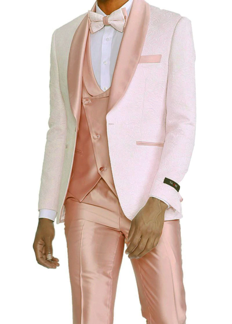 Rose Gold Pink Slim Fit Tuxedo 4 Piece With Satin Shawl Collar Beveled Designed Vest 3 Rose Gold Pink Slim Fit Tuxedo 4 Piece With Satin Shawl Collar Beveled Designed Vest