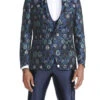 Navy Slim Fit Tuxedo 4 Piece Floral Pattern With Bow Tie -Suit Gold Style Shop M300SK NAVY