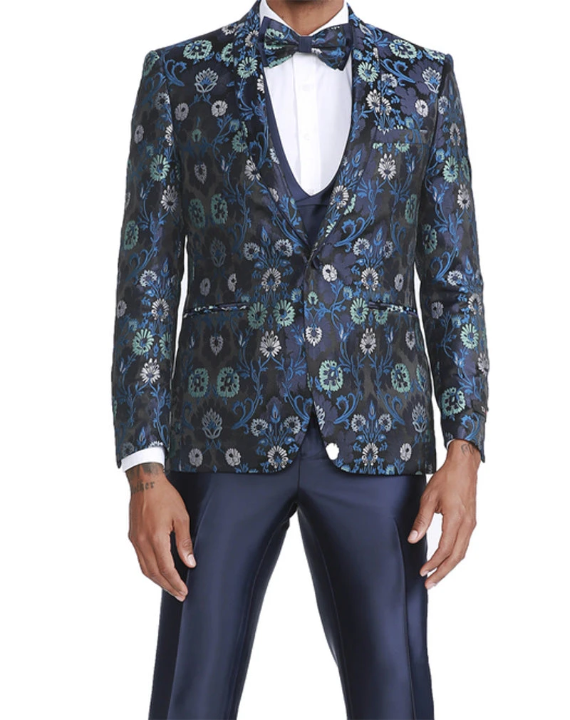 (44R) Navy Slim Fit Tuxedo 4 Piece Floral Pattern With Bow Tie 3 (44R) Navy Slim Fit Tuxedo 4 Piece Floral Pattern With Bow Tie