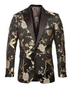 Empire Collection - Gold And Black Slim Fit Floral Pattern Sports Coat