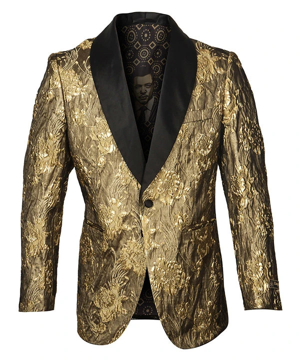 Empire Collection - Gold Floral Pattern Shawl Collar Sports Coat Slim Fit 3 Empire Collection - Gold Floral Pattern Shawl Collar Sports Coat Slim Fit