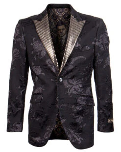 Empire Collection - Black Slim Fit Formal Dinner Show Blazer With Gold Sequin Lapel