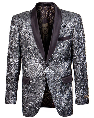 (XL) Slim Fit Formal Dinner Show Blazer In Silver/Black 3 (XL) Slim Fit Formal Dinner Show Blazer In Silver/Black