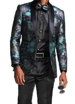 Slim Fit Floral Pattern Blazer Satin Shawl Collar With Bow Tie In Turquoise