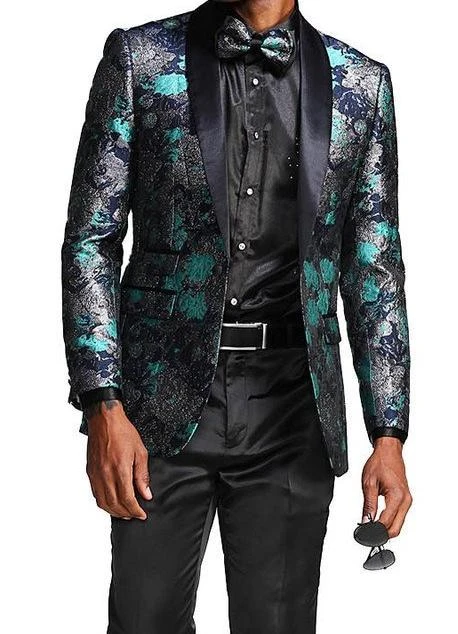 Slim Fit Floral Pattern Blazer Satin Shawl Collar With Bow Tie In Turquoise 3 Slim Fit Floral Pattern Blazer Satin Shawl Collar With Bow Tie In Turquoise