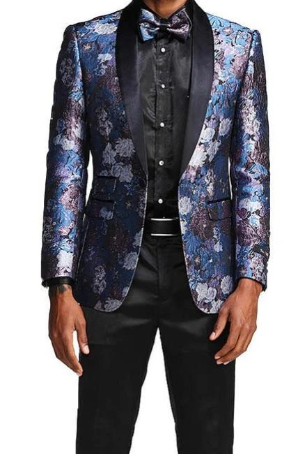 Slim Fit Floral Pattern Blazer Satin Shawl Collar With Bow Tie In Blue 3 Slim Fit Floral Pattern Blazer Satin Shawl Collar With Bow Tie In Blue