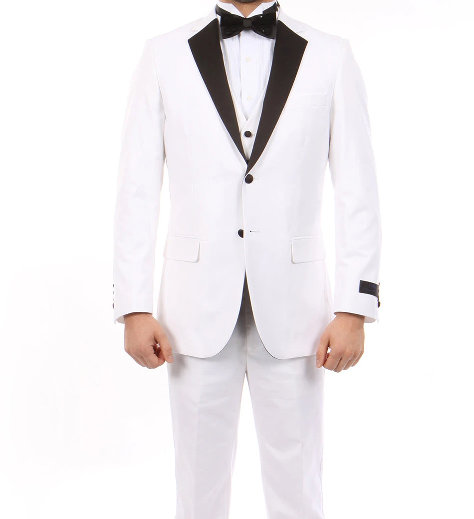White Modern Fit Tuxedo 3 Piece With Black Lapel 6 Button Vest 4 White Modern Fit Tuxedo 3 Piece With Black Lapel 6 Button Vest - Image 2