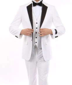 White Modern Fit Tuxedo 3 Piece With Black Lapel 6 Button Vest