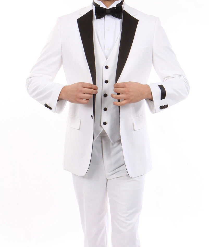 White Modern Fit Tuxedo 3 Piece With Black Lapel 6 Button Vest 3 White Modern Fit Tuxedo 3 Piece With Black Lapel 6 Button Vest