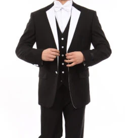 Black Modern Fit Tuxedo 3 Piece With White Lapel 6 Button Vest