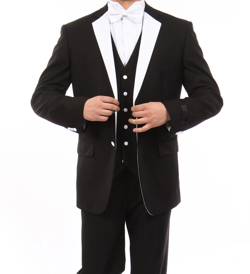 Black Modern Fit Tuxedo 3 Piece With White Lapel 6 Button Vest 3 Black Modern Fit Tuxedo 3 Piece With White Lapel 6 Button Vest